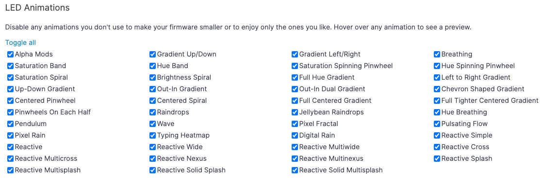 Available animation modes for the Moonlander and other boards