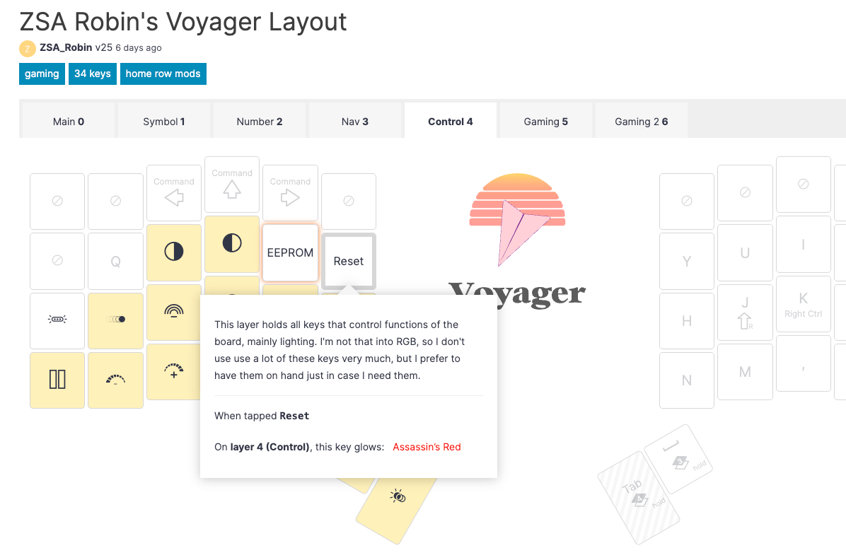 Robin from ZSA's layout using colors to highlight keys