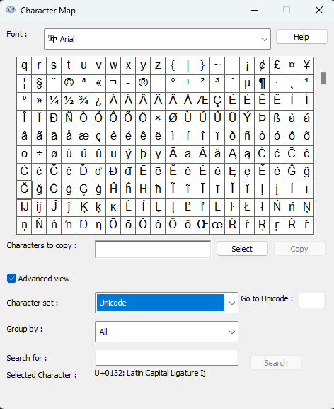 Windows character map
