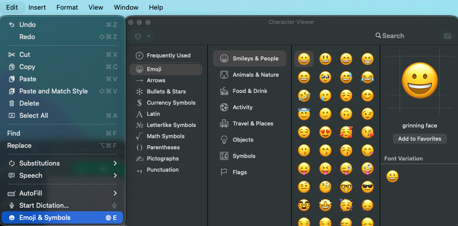 MacOS character viewer