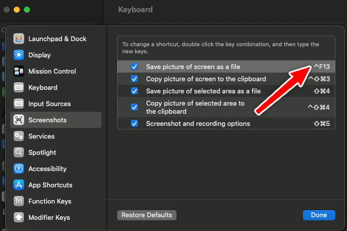 Changing the screenshot shortcut in macOS