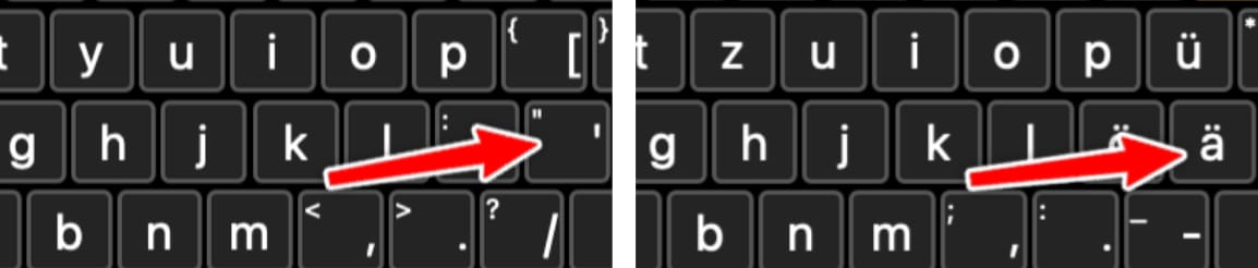 German and US layouts showing keys in the same place