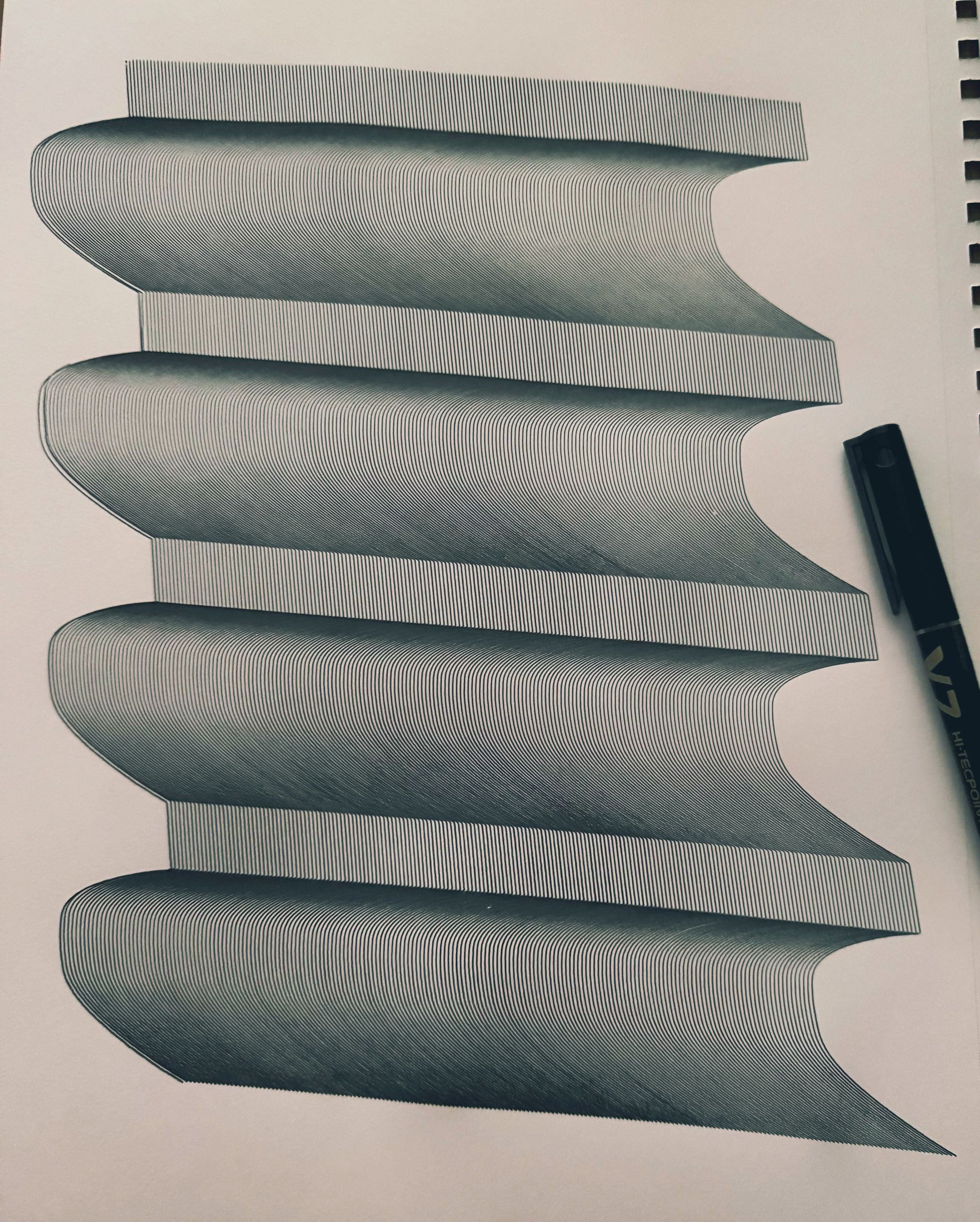This is the same line shown at the start of the post, repeated many more times using a Pilot V7 pen. There's a weird wobble on the left from when I adjusted the pen while the plotter was running. Plotter art