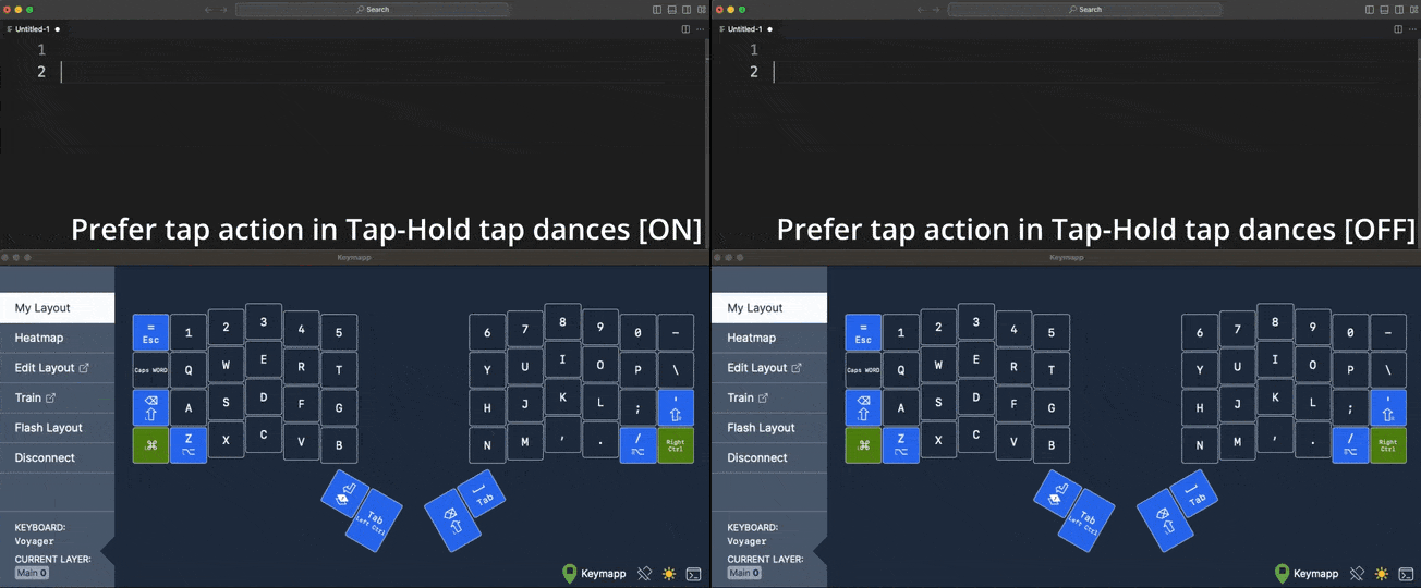 Comparison of Prefer tap action setting on and off