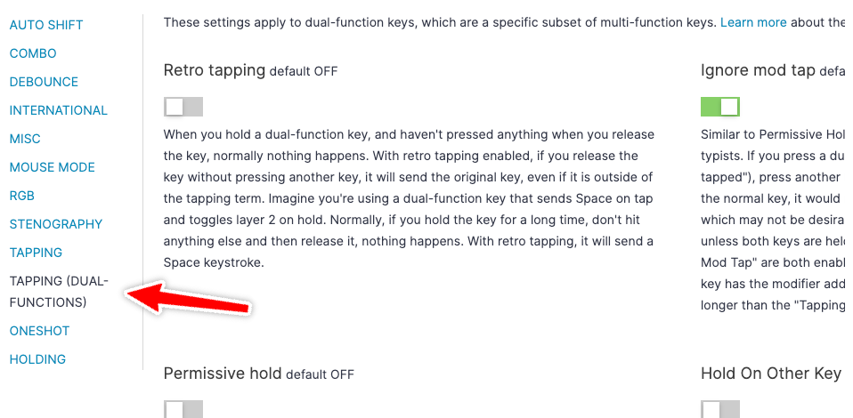 Dual-function key settings in Oryx